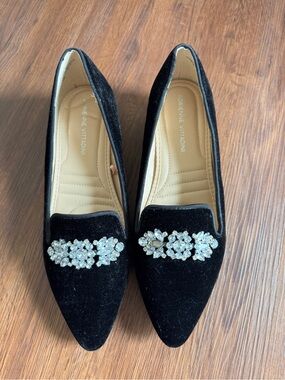 Adrienne Vittadini Black Velvet Pointed Flats with Crystal Brooch
